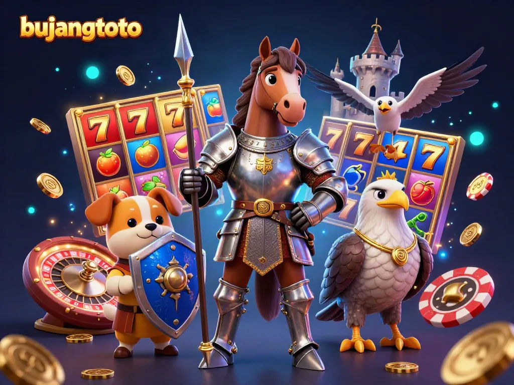Experience the excitement of bujangtoto with a medieval knight, puppy squire, and falcon in a casino scene.