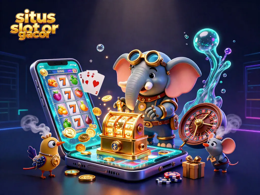 Spin to win with situs slot gacor featuring 3D steampunk casino characters and vibrant game elements.
