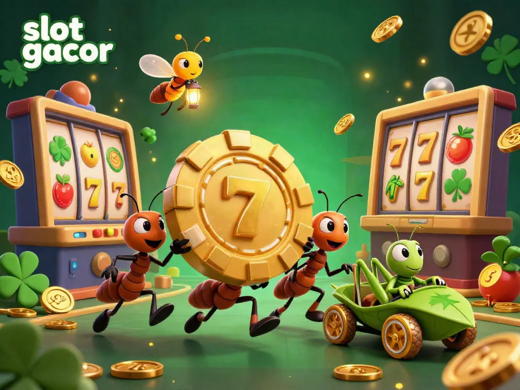 Ants staging a slot gacor heist, carrying a gigantic poker chip in a vibrant casino tunnel.