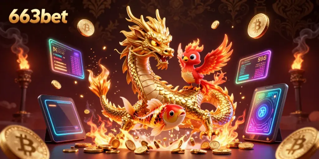 Experience thrilling gameplay with 663bet in a vibrant 3D casino scene featuring a majestic dragon and phoenix.