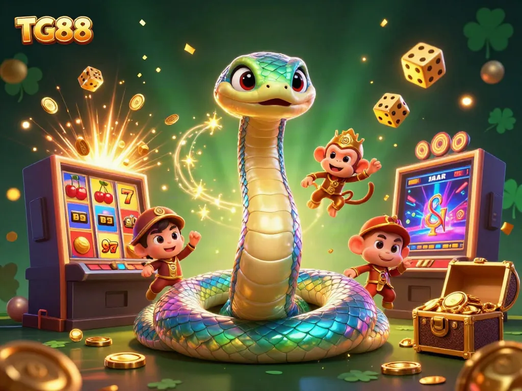 Experience thrilling gaming excitement with TG88's vibrant casino scene featuring a rainbow serpent and golden monkey king.