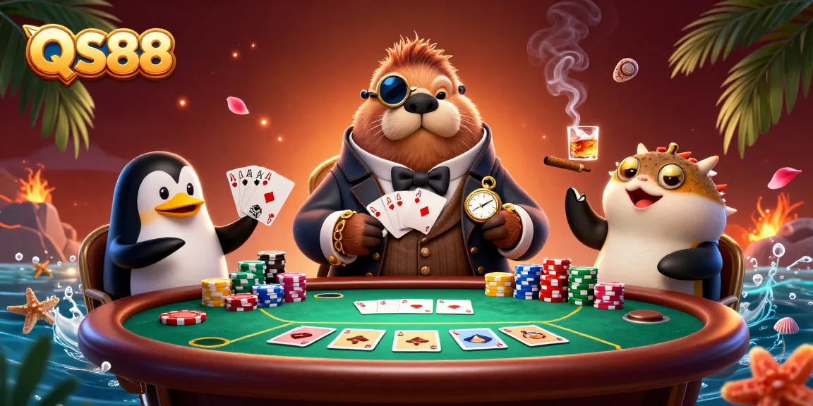 Join the excitement at QS88 with a poker showdown between playful characters.