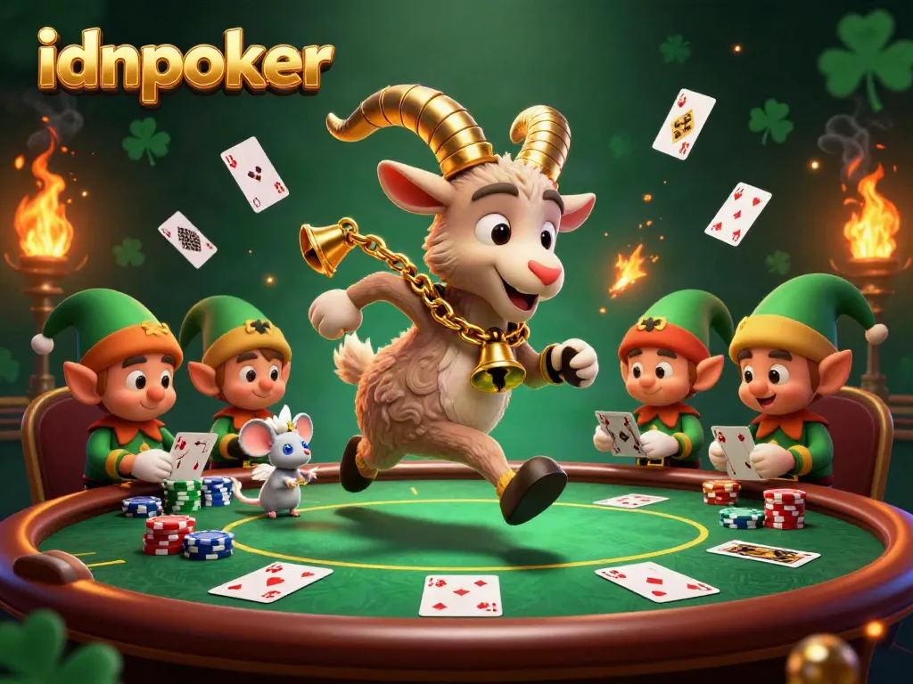 Ilustrasi poker idnpoker dengan karakter unik di kasino, menampilkan suasana permainan yang seru.