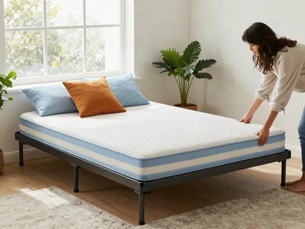 Cozy bedroom with a folding bed with mattress elegantly set up.