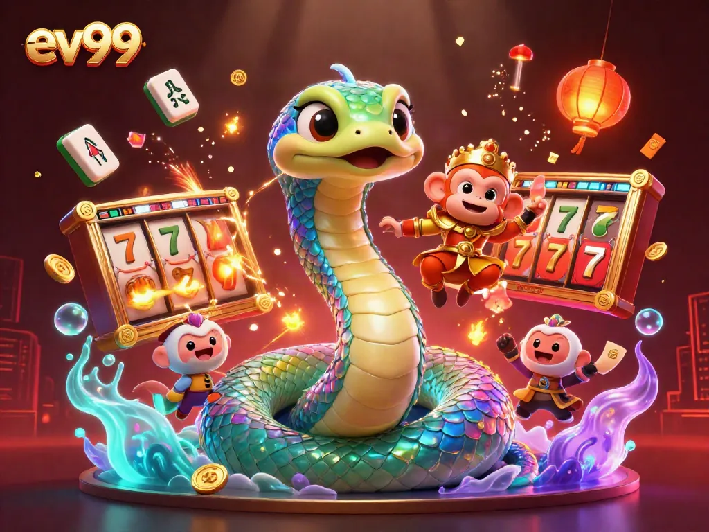 Experience excitement with ev99 in a vibrant 3D casino inspired digital illustration.