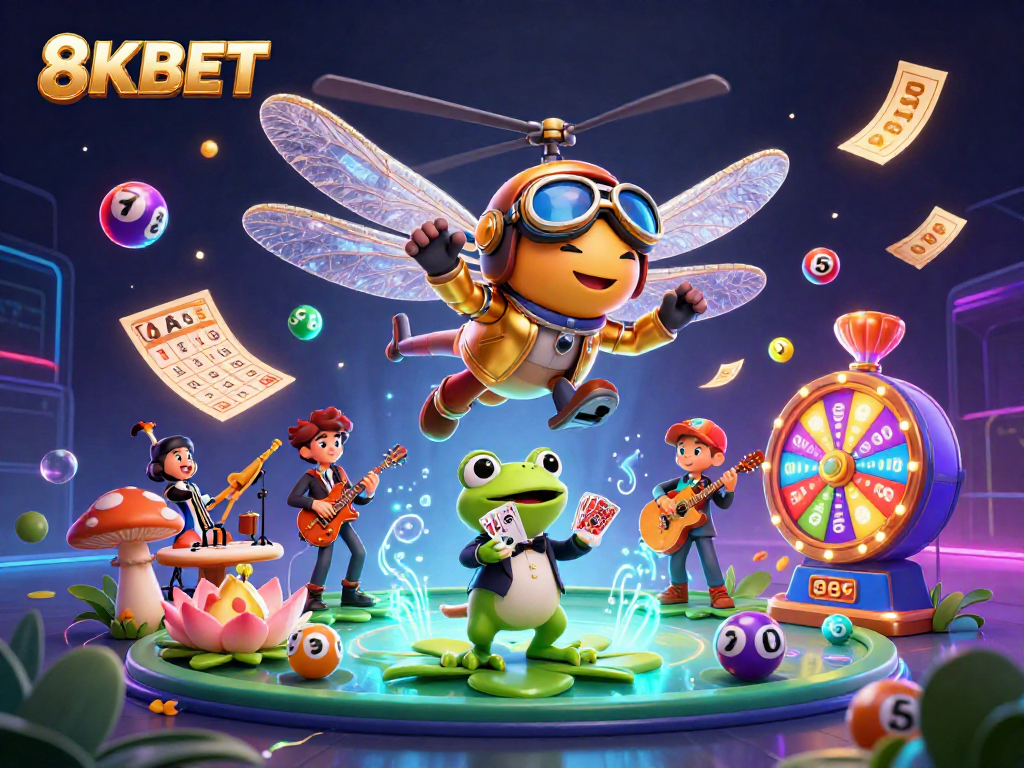 Experience 8KBET's vibrant casino scene with dynamic gaming elements surrounded by playful characters.