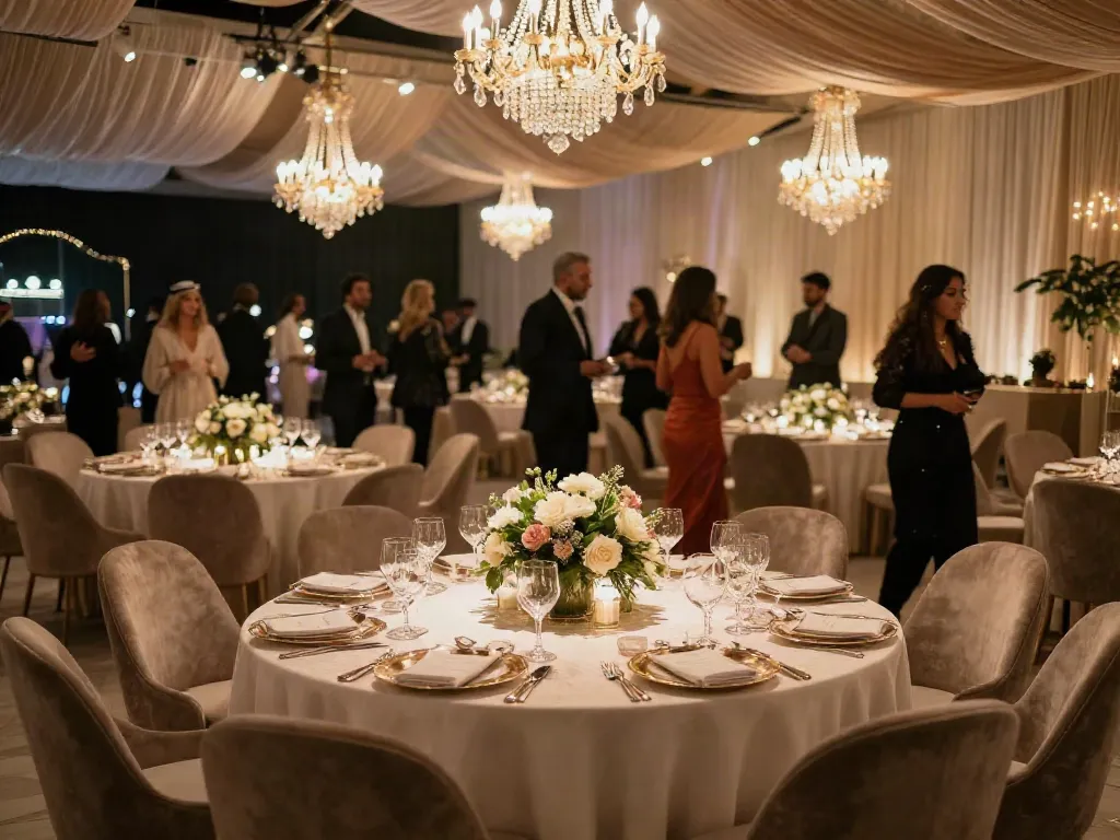 Event furniture rental showcased elegantly in a luxurious setting with decorated tables and sophisticated ambiance.