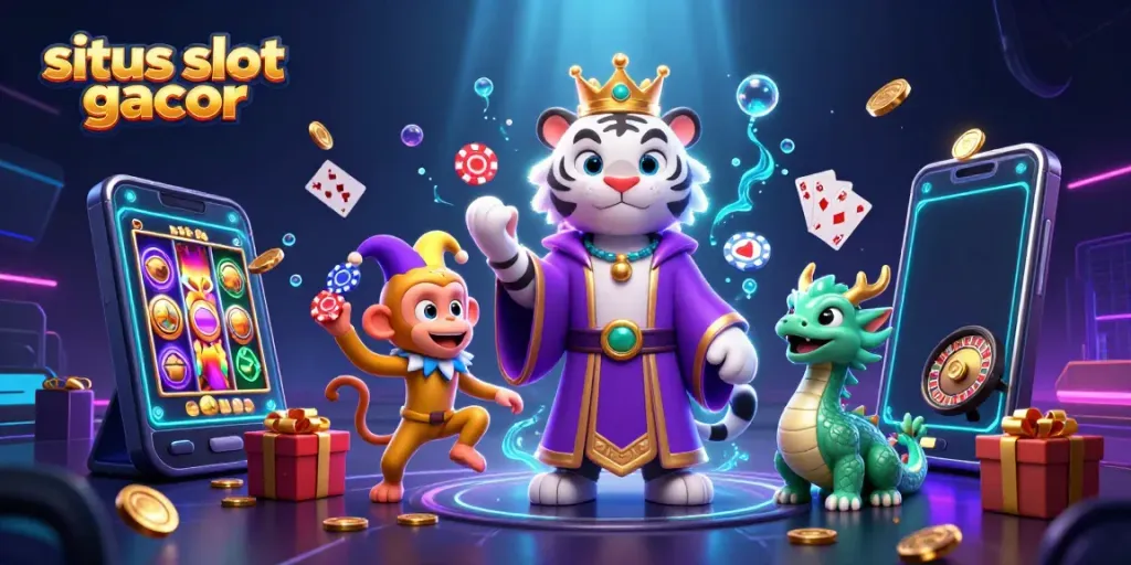 Menyaksikan keseruan di situs slot gacor dengan harimau putih bermahkota dan monyet penggembira yang mengatur suasana perjudian yang menarik.