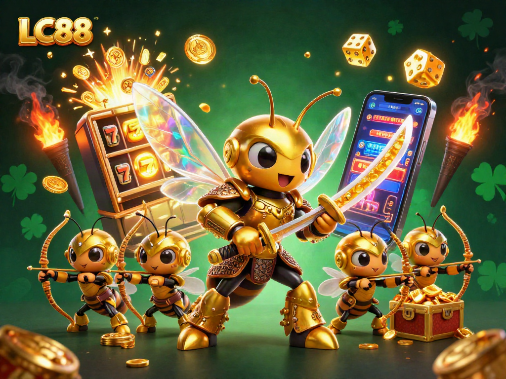 Experience thrilling wins with LC88 in a vibrant casino illustration featuring jackpots and a heroic hornet.