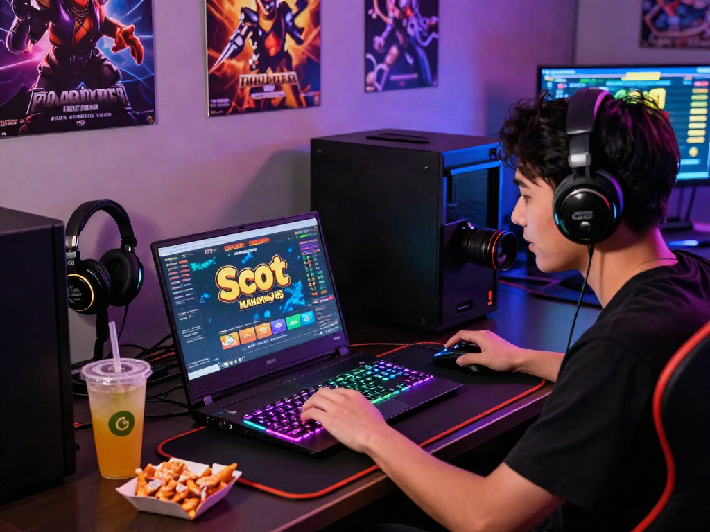 Engaged gamer enjoying Slot Gacor MAHJONGJP88 with immersive setup and vibrant aesthetics.