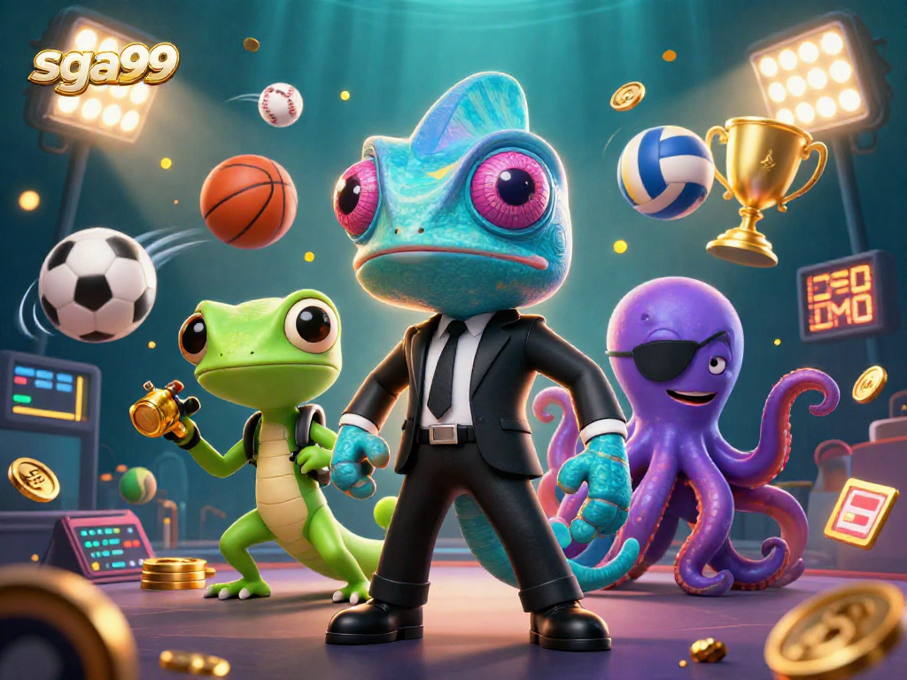 Experience exciting gameplay with sga99 through this vibrant 3D casino illustration featuring dynamic characters and sports elements.