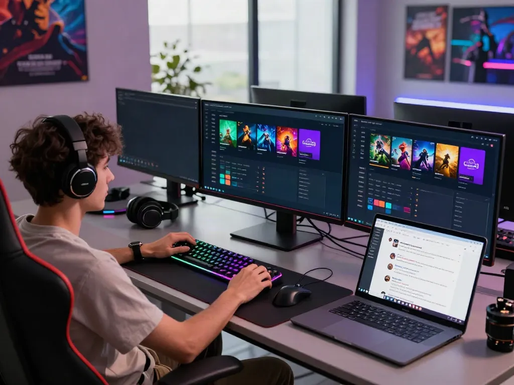 Gamer exploring Luxury333 platform with multiple monitors and gaming gear