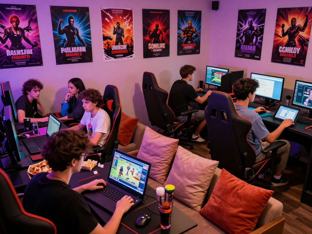 Enjoying a porn game in a vibrant gaming lounge with friends and snacks.
