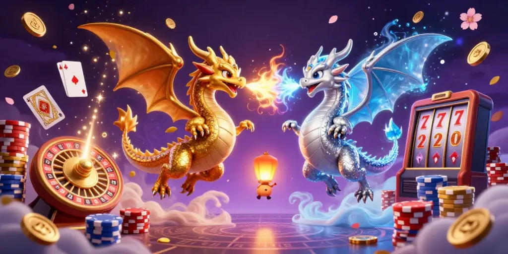 Experience the thrill of jogjatoto with dynamic dragons and casino elements in this 3D illustration.