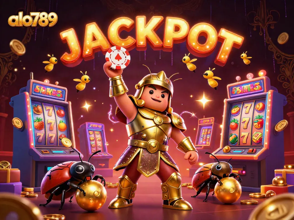 Play and win big with alo789 in this vibrant casino-themed illustration showcasing exciting gaming elements.