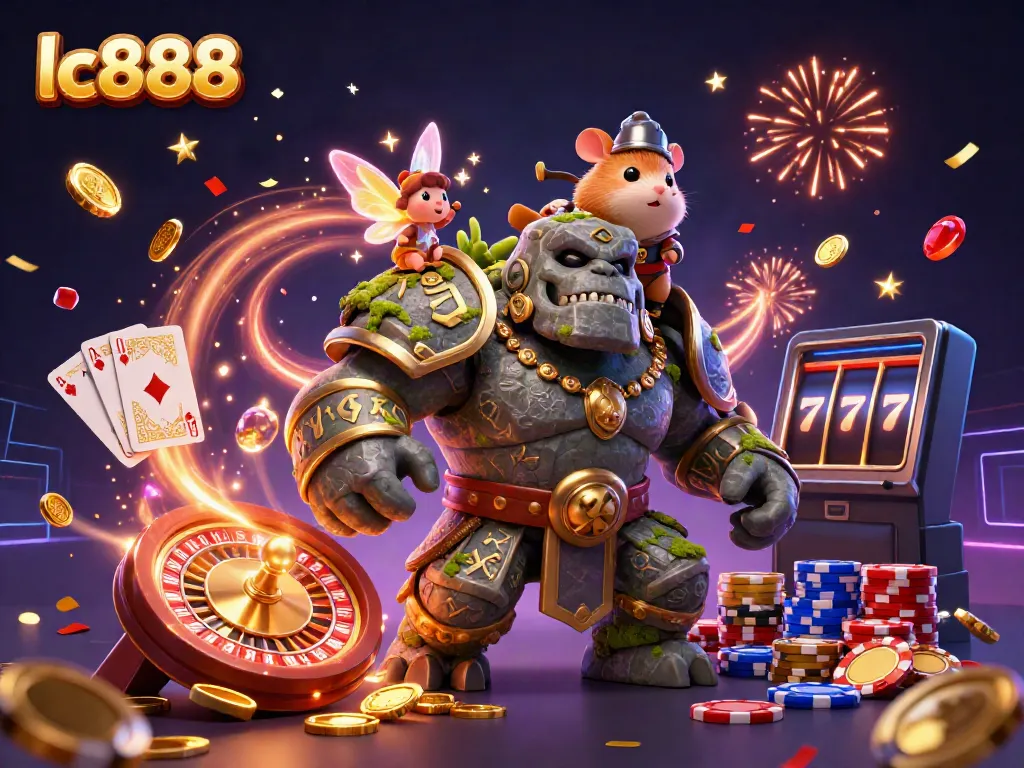 Experience the excitement at lc888 with a dynamic illustration of a golem guardian and magical elements in a vibrant casino scene.
