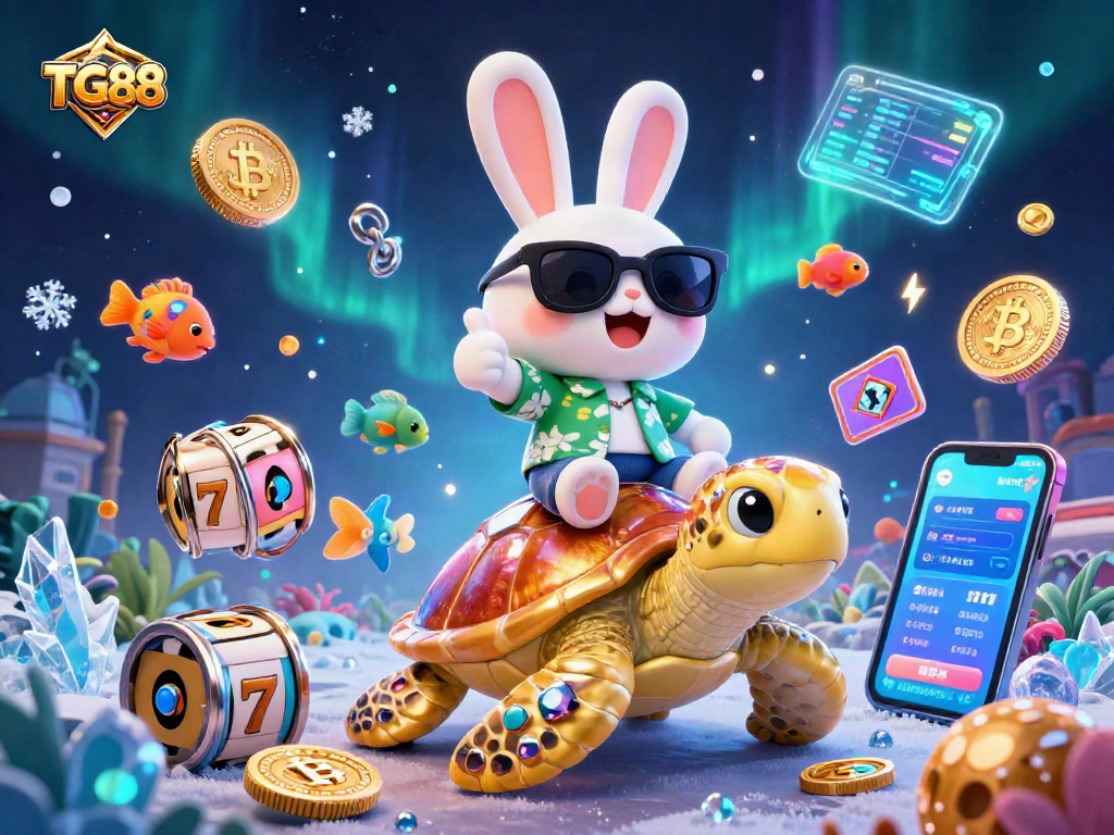 Play casino games at TG88 with a vibrant illustration of a lucky rabbit and a golden turtle.