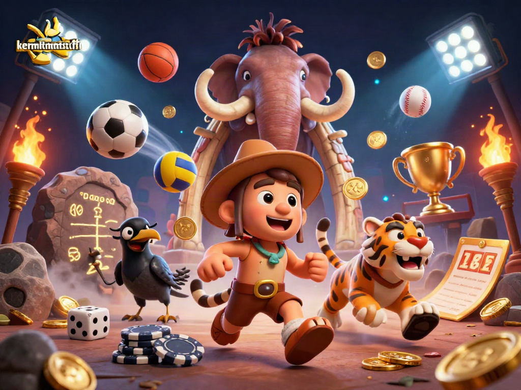 Join the action at kermitmentstuff with a lively, prehistoric casino scene featuring unique characters and dynamic game elements.