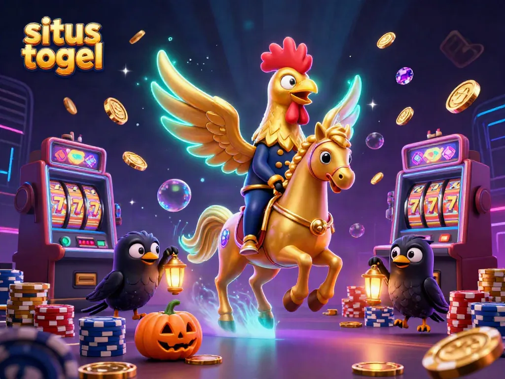 Experience situs togel action with a golden rooster and spectral horse amidst vibrant casino elements.
