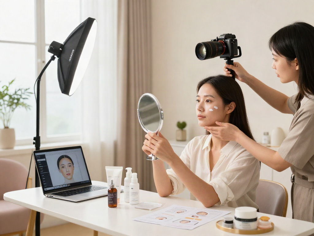 ClinicEvo vs QOVES facial analysis preparation scene showcasing skincare products and professional setup.