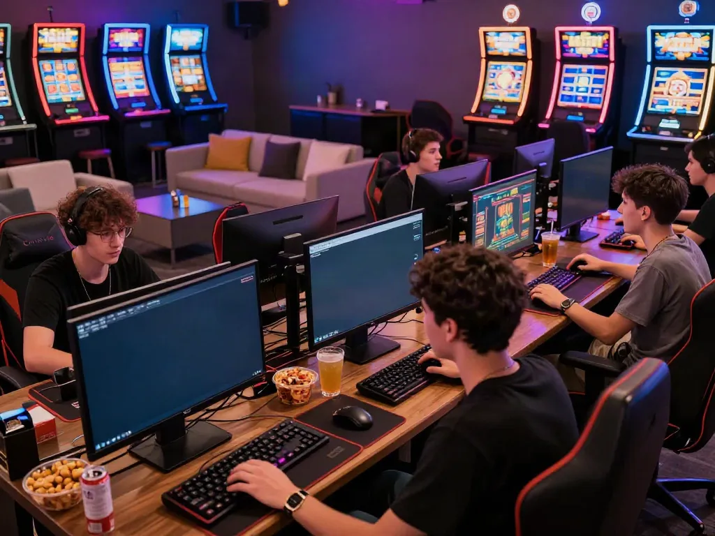 Exciting gaming tournament scene with players engaged in 슬롯 games.