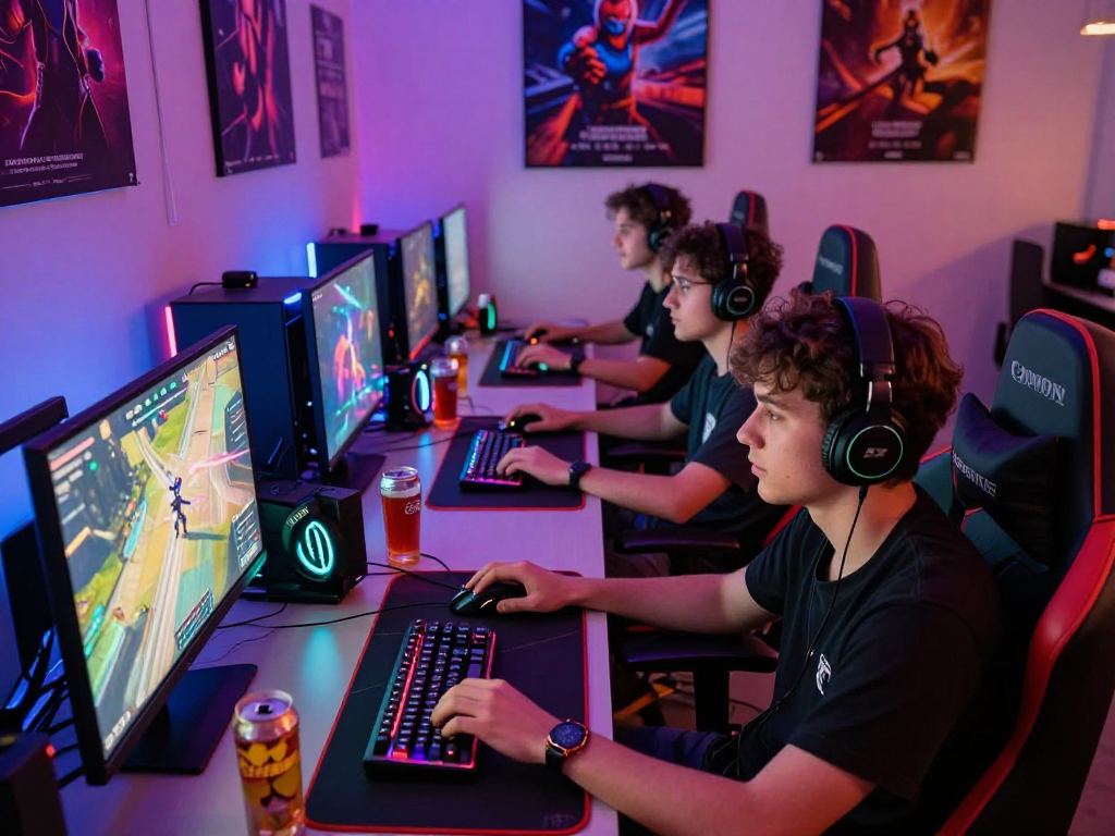 Komunitas gamer menikmati sesi permainan online dengan bos88 alternatif di ruangan berwarna-warni.