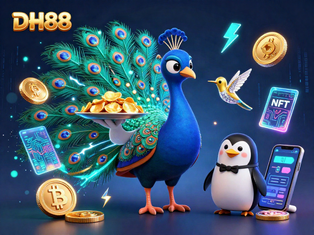 Engage with DH88 at a vibrant crypto casino, featuring a peacock and golden chips.