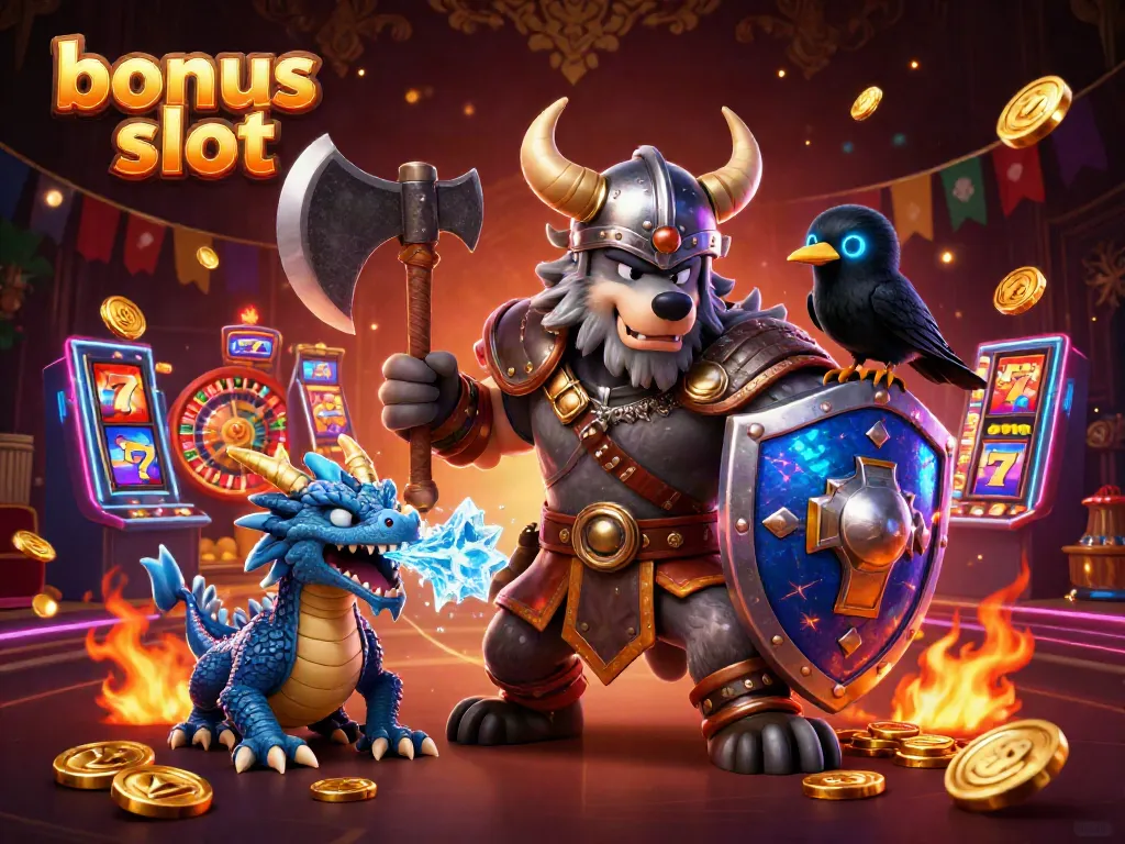Win big with engaging bonus slot gameplay featuring a warrior, dragon, and bright casino elements.
