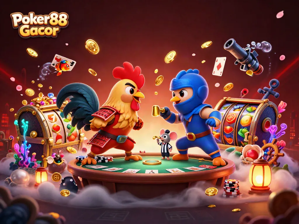 Experience thrilling action with Poker88 Gacor featuring cartoon roosters in a high-stakes poker showdown.