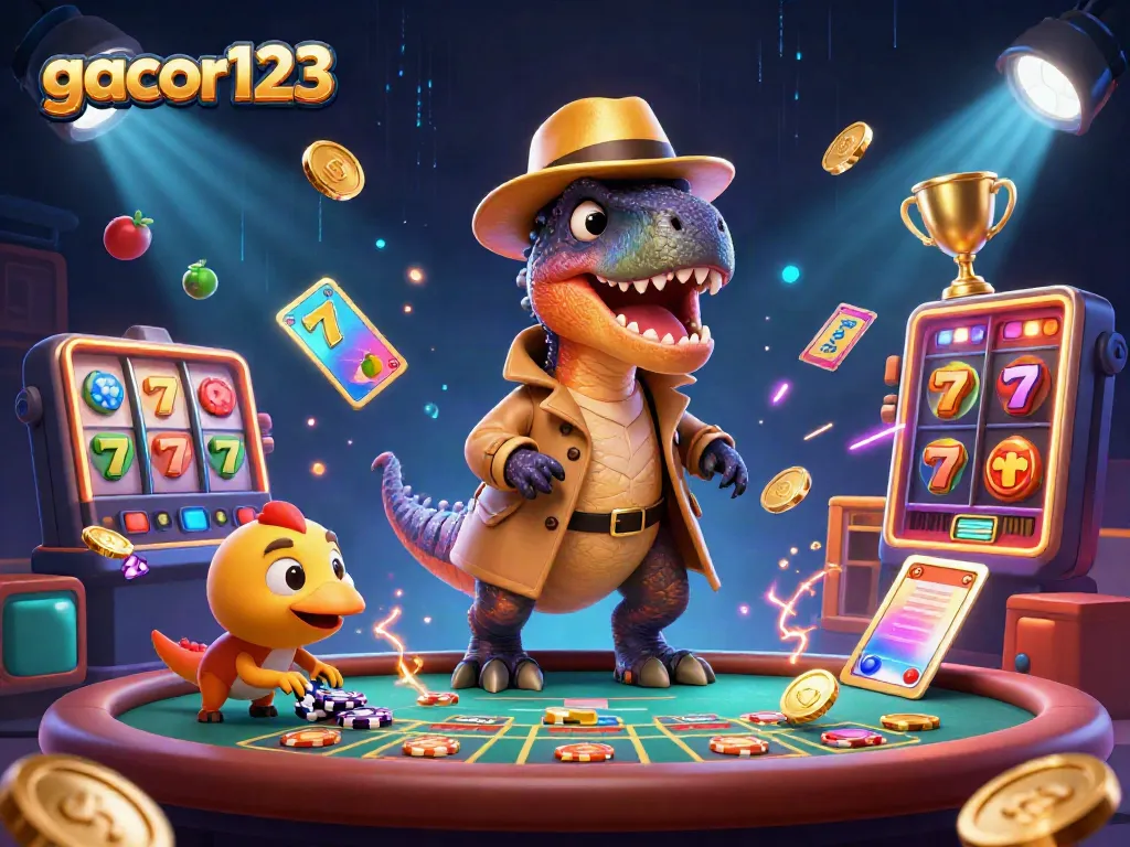 Experience thrilling wins at gacor123 with whimsical characters and dynamic casino elements in a vibrant digital scene.