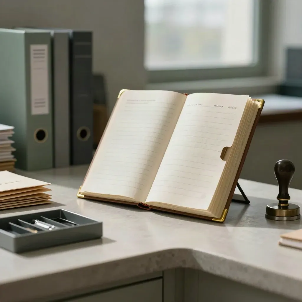 Pledge ledger, tab dividers, envelopes, receipt tray and stamp on a pale stone counter.