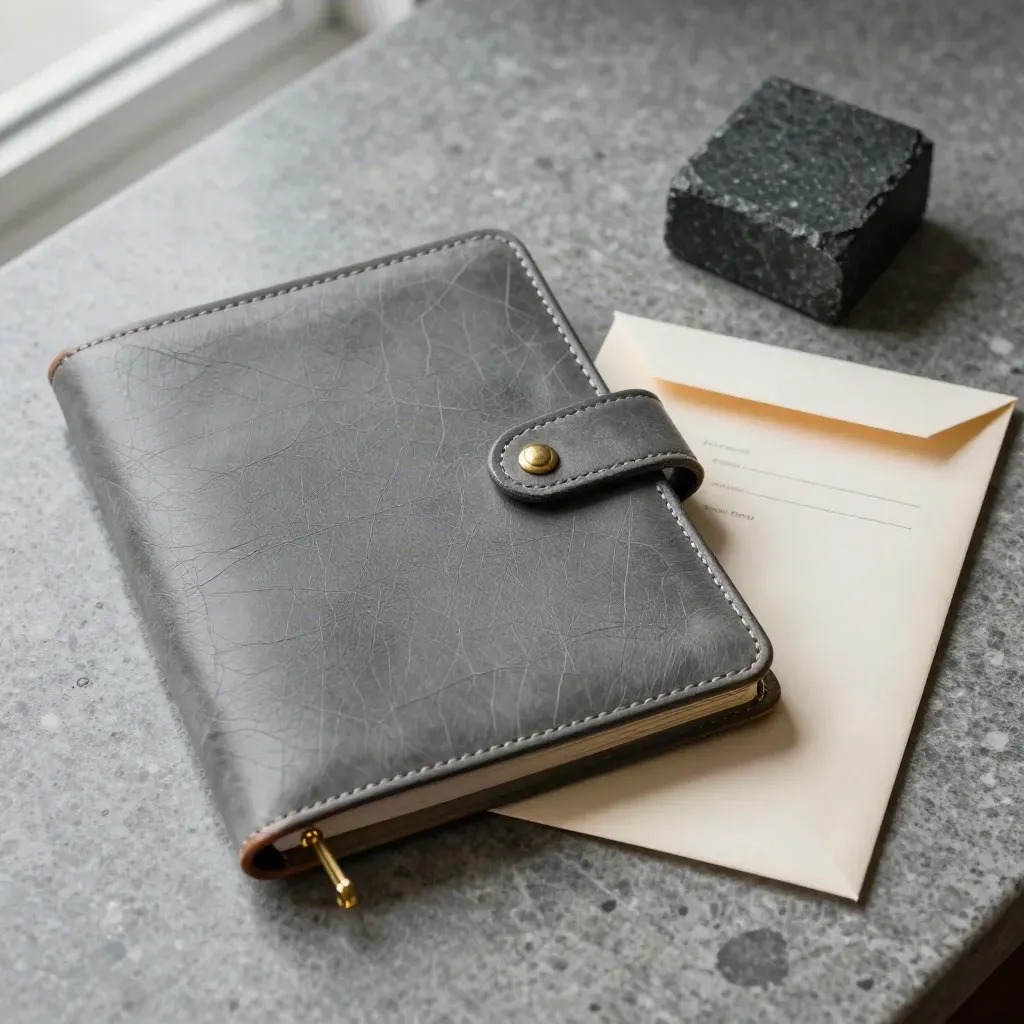 Top-down bursar binder with brass tabs, tuition envelope, and slate paperweight on cool stone