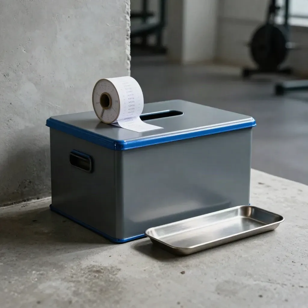 A graphite athletics donation box with receipt spool and metal tray on concrete