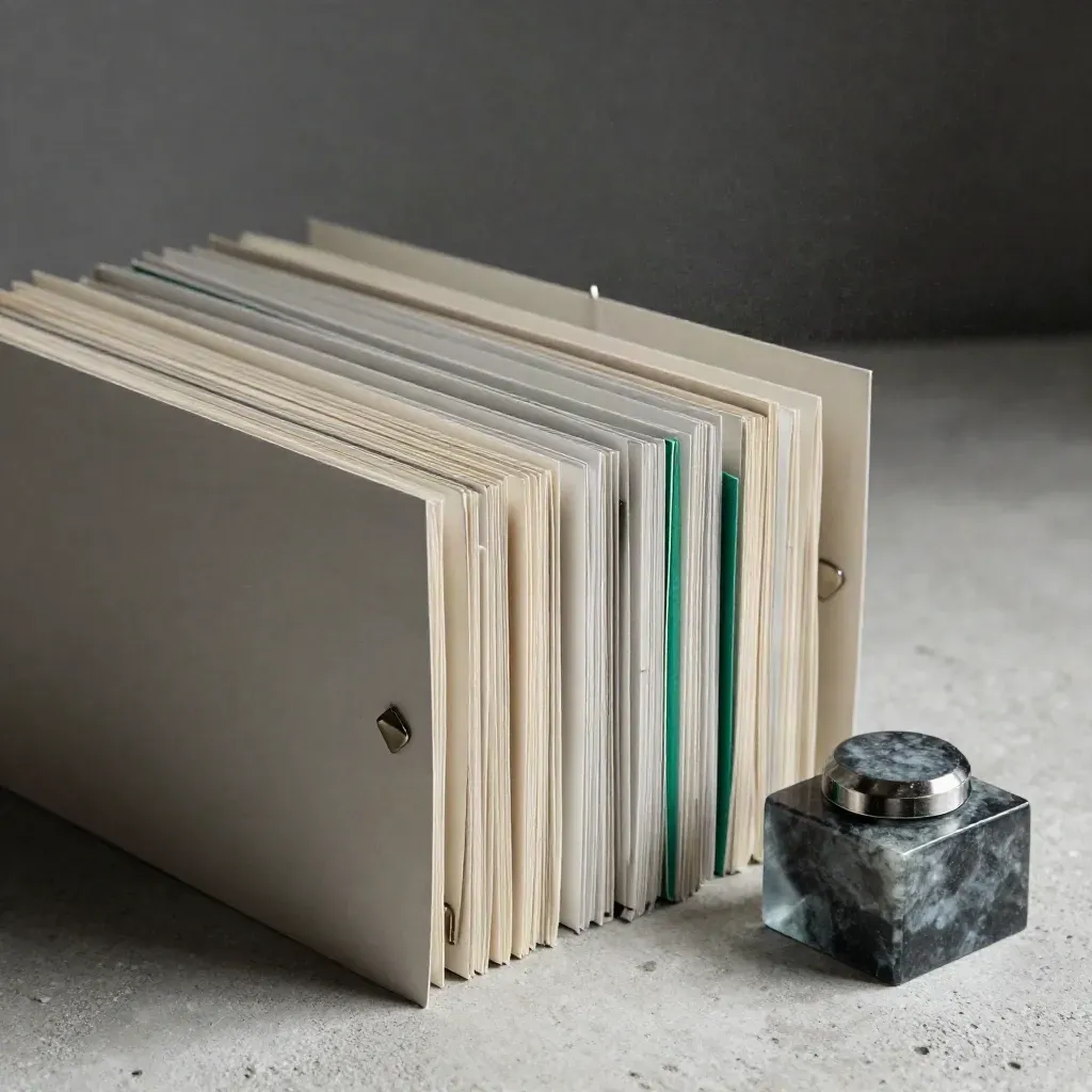 Archival file cards beside a stone paperweight with brushed fasteners and an emerald accent.