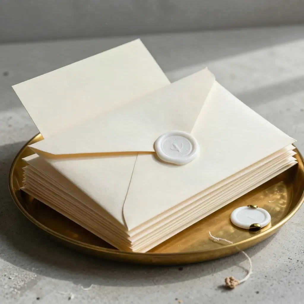 Brass tray with stacked pledge envelopes and white wax seals on pale concrete