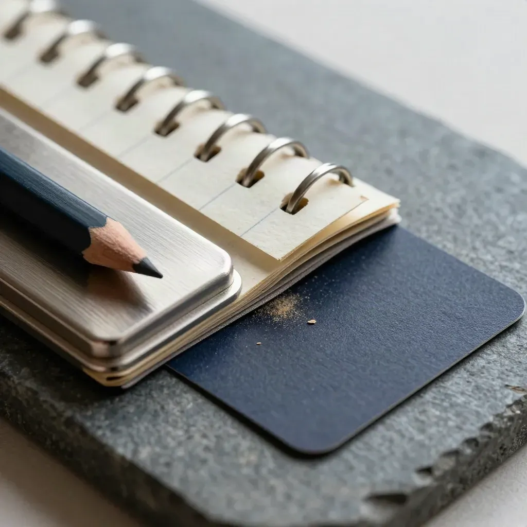Top-down macro of ledger tabs, pencil stub, and metal receipt clip on cool stone.
