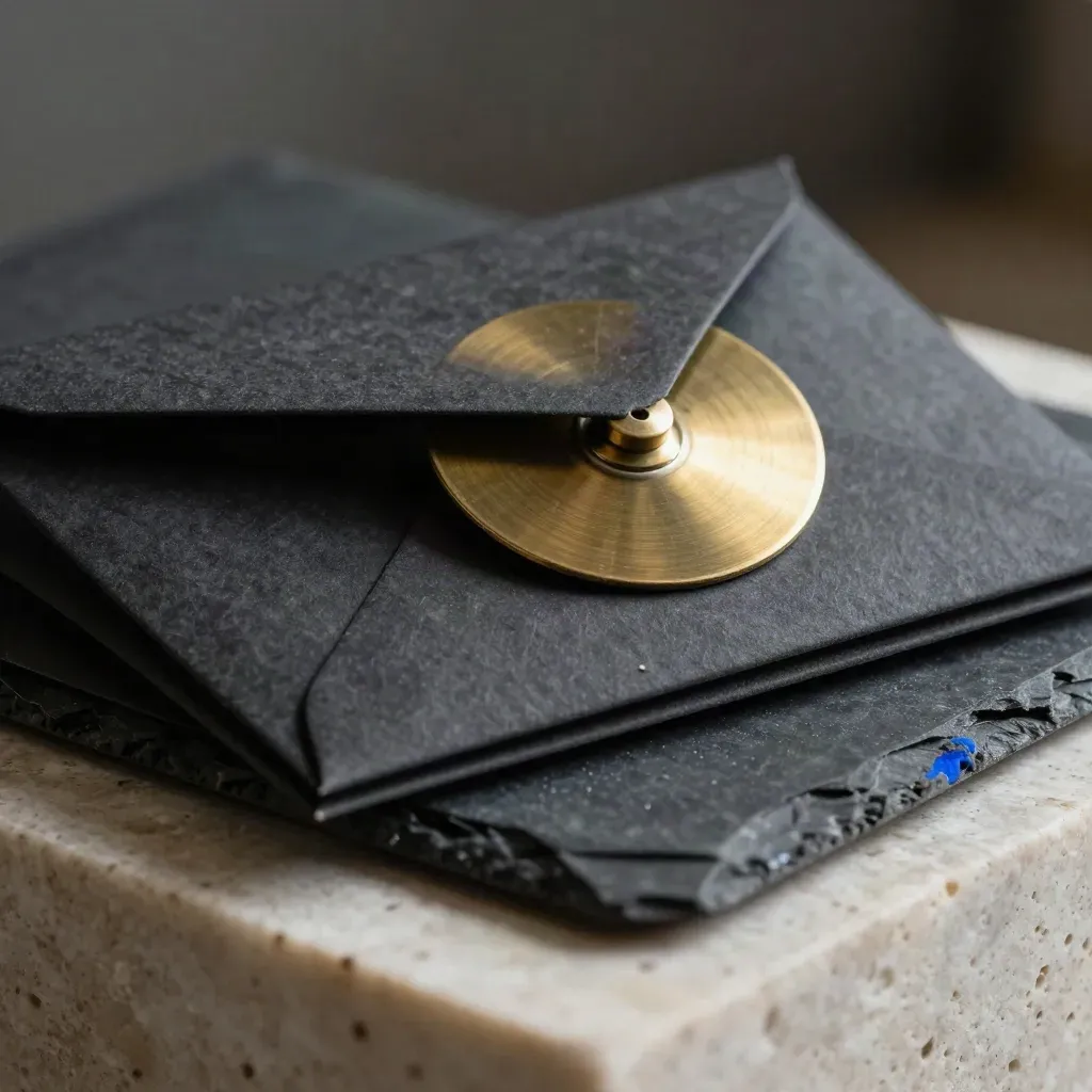 Charcoal envelopes, brass disc, and slate tray on travertine with cobalt accent