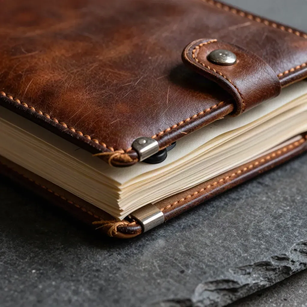 Macro of a leather pledge ledger with metal page markers and a tiny ink pad on graphite stone.