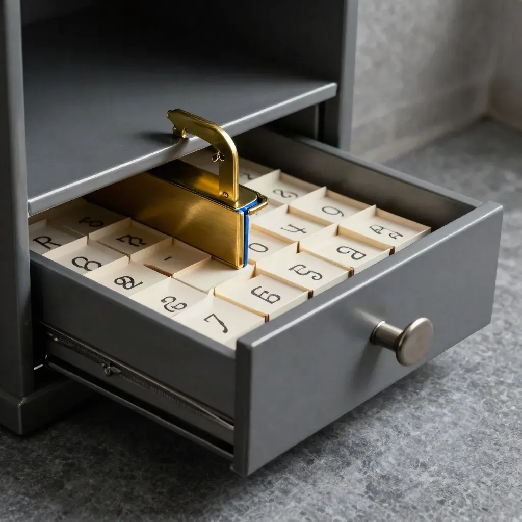 Half-open card index drawer with alphabet dividers and a brass guide on slate.