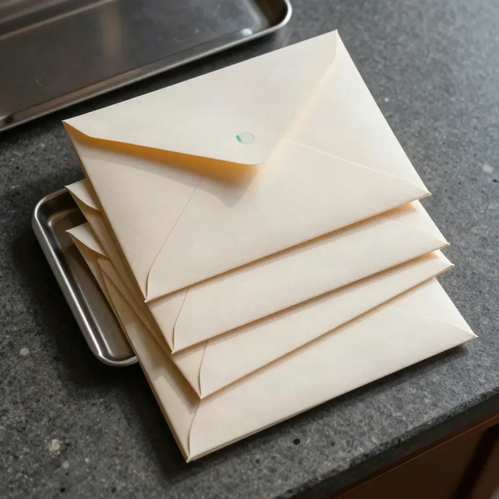 Overhead diagonal stacks of donor envelopes, date stamps, and a slim metal tray on stone.