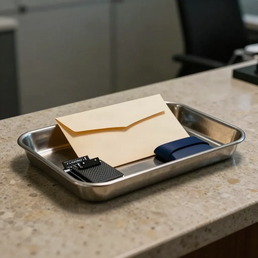 Deposit envelope, metal money tray, and carbon receipt clips on a limestone counter.