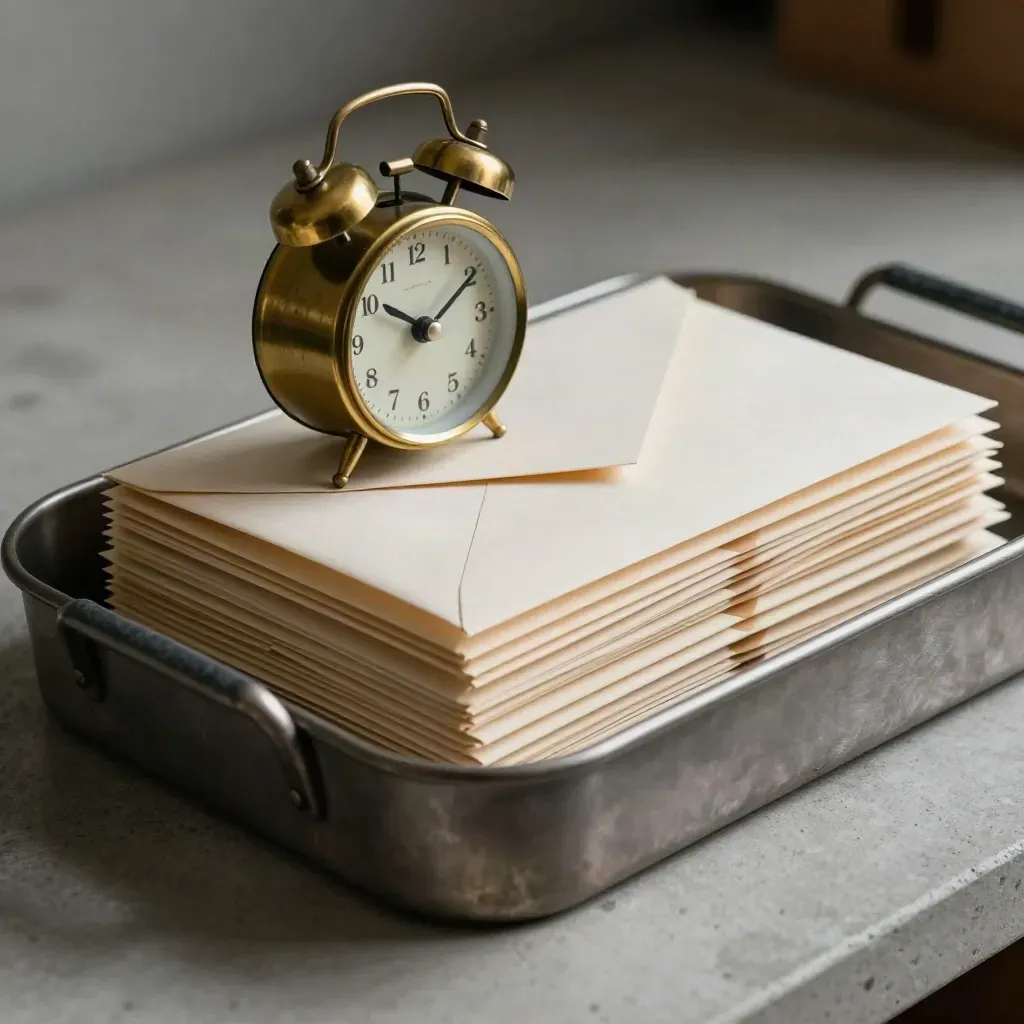 Brass desk clock leaning over stacked envelopes in a metal mail tray on concrete.
