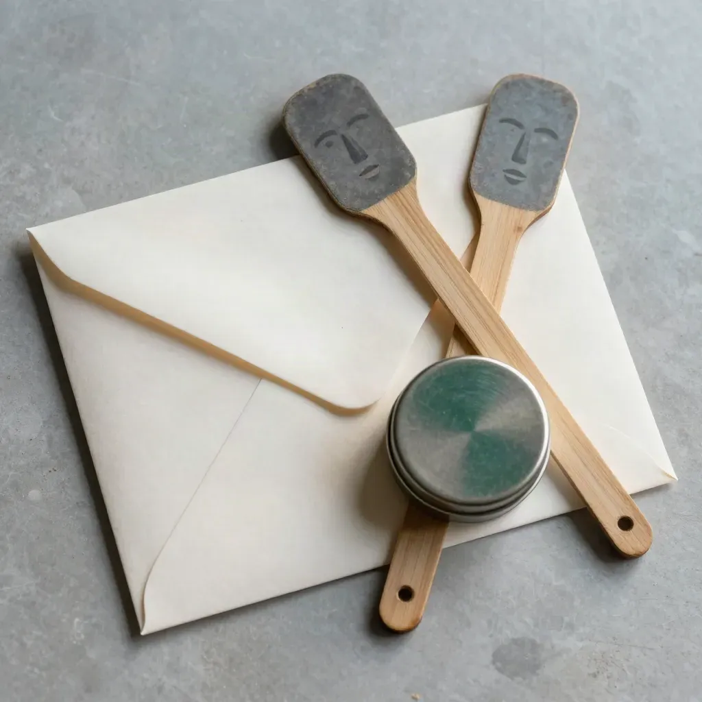Top-down macro of donor envelopes, crossed pledge paddles and a seal tin on pale stone