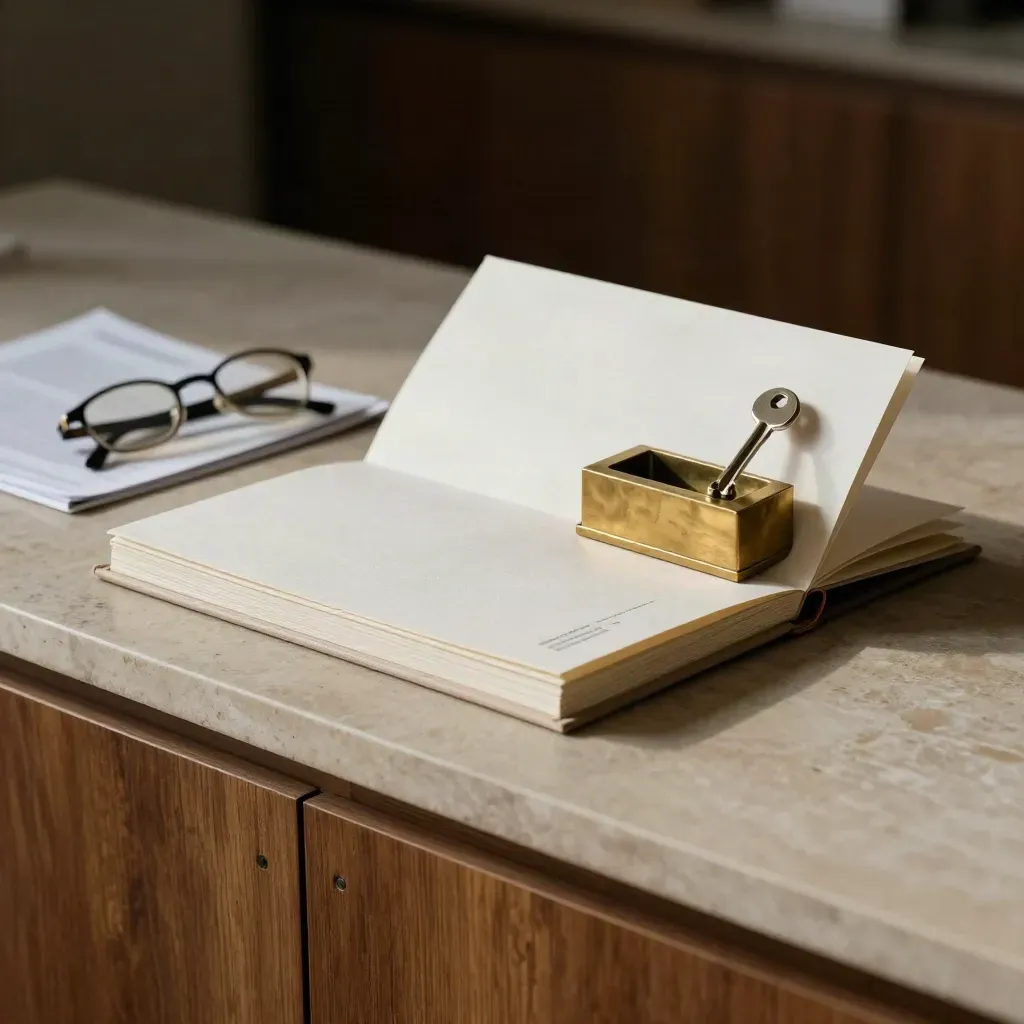 Brass paperweight on an open board report folio with folded glasses in dim light.