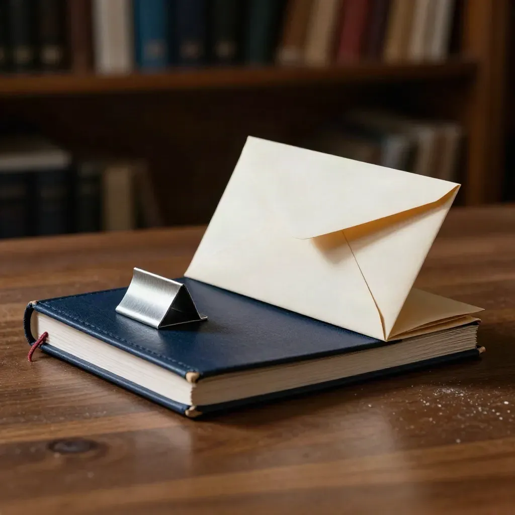 Closed ledger, receipt spike, and envelopes on a walnut desk in dramatic studio light.