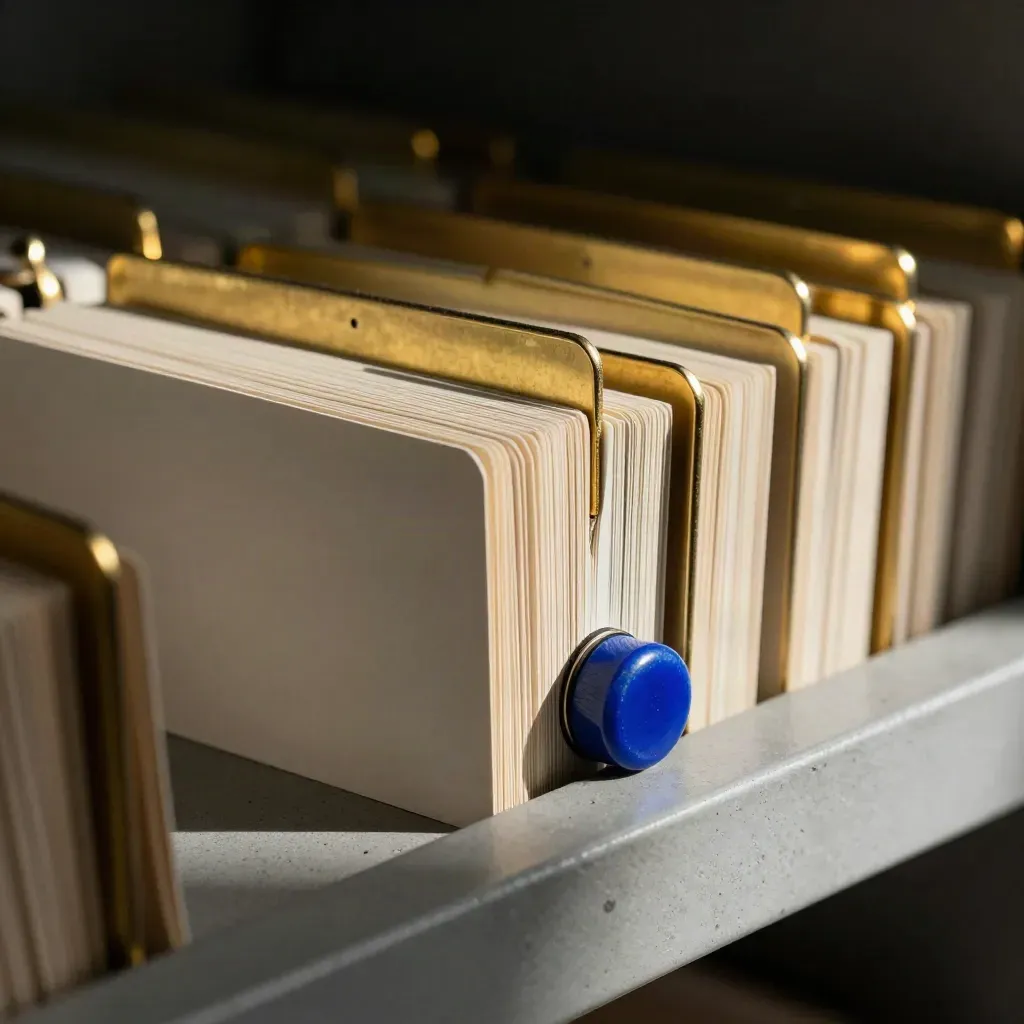 Macro of donor filing cards, brass tabs, and a cobalt paperweight on a concrete shelf.