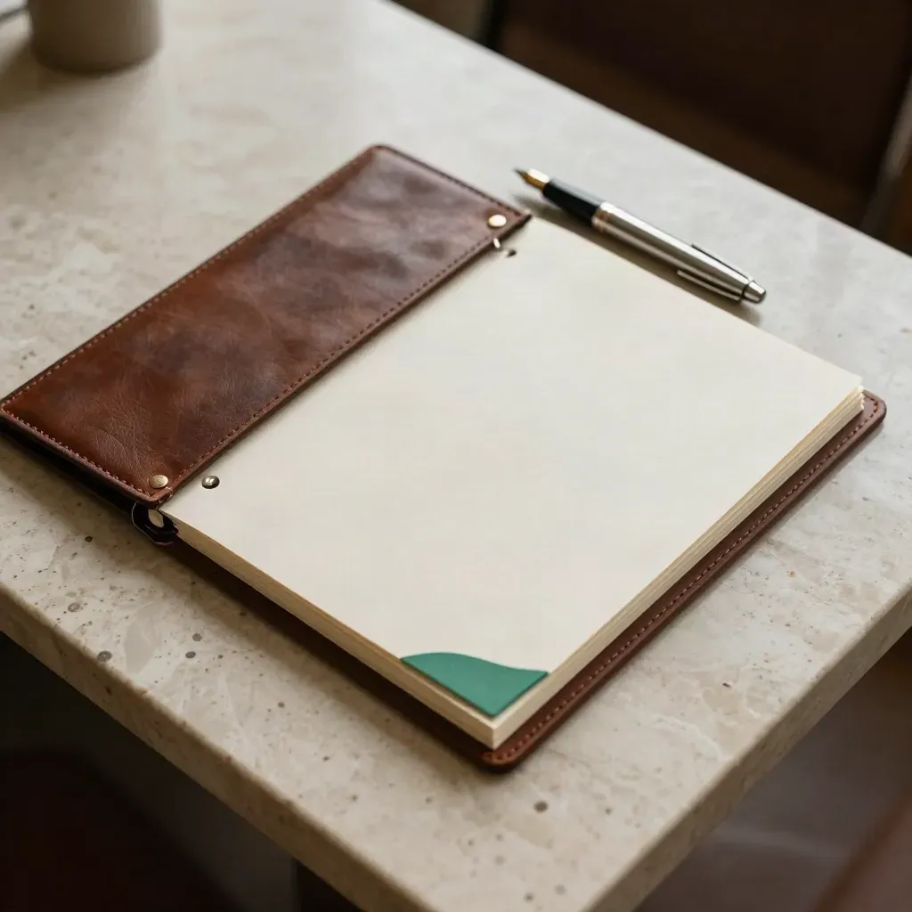 Macro view of a clipped board folio on travertine with a pen cap and leather sleeve.