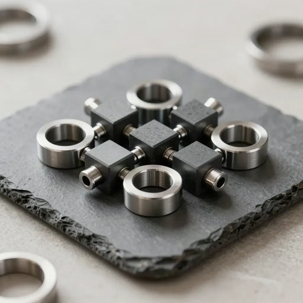 Macro flat lay of brushed metal rings, blocks, and connector pins on cool stone.