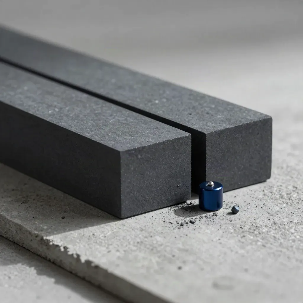 Graphite blocks and an alignment pin settling together on concrete under soft daylight.