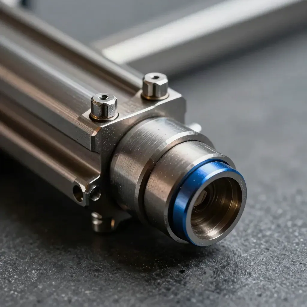 Close-up of metal rails and connectors with a cobalt accent on a graphite surface.
